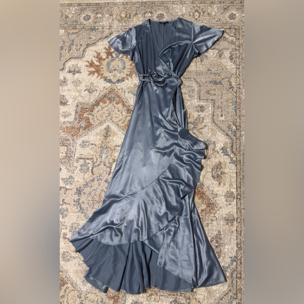 NWOT Lulus Charm Satin Flutter Sleeve Ruffled Wrap High-Low Maxi Dress Blue